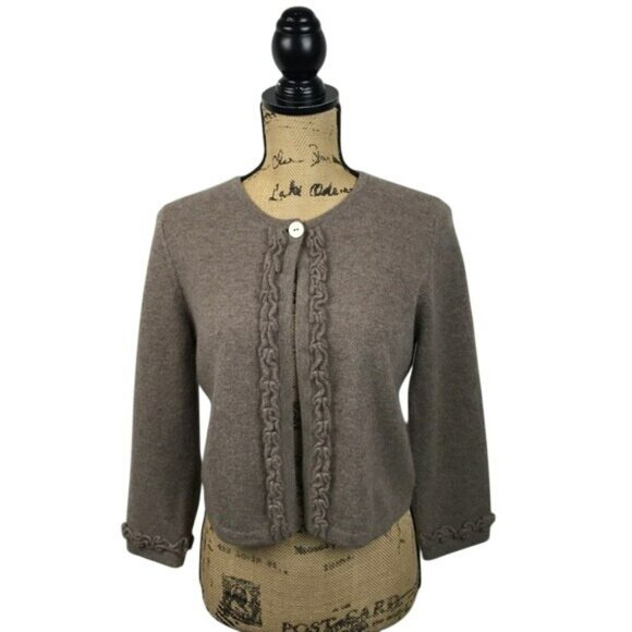 Charter Club 2-Ply Cashmere Cardigan Sweater Small Brown Taupe Front Braided - Picture 1 of 7
